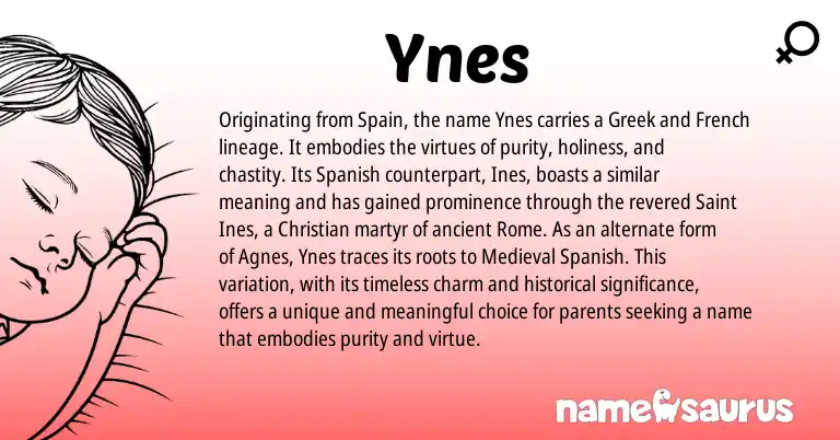 Infographic about Ynes name meaning, Ynes is a name from Spanish, Spain, French, Greek, Medieval Spanish origin(s).