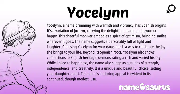 Infographic about Yocelynn name meaning, Yocelynn is a name from English, Spanish origin(s).