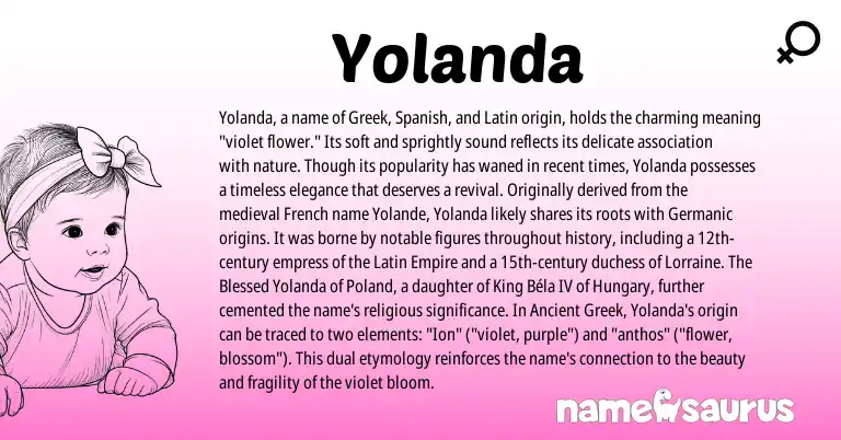 Infographic about Yolanda name meaning, Yolanda is a name from Ancient Greek, Spanish, French, Germanic, Latin, Greek origin(s).