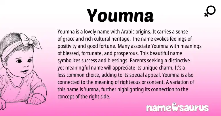 Infographic about Youmna name meaning, Youmna is a name from Arabic origin(s).