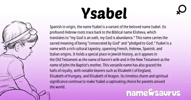 Infographic about Ysabel name meaning, Ysabel is a name from Spanish, England, French, Jewish, Hebrew, Italian origin(s).