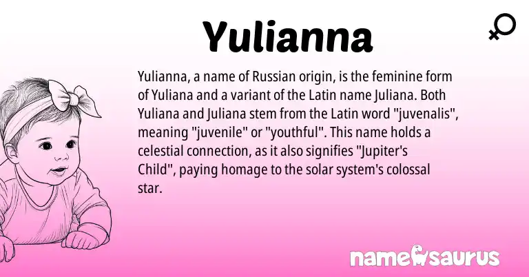 Infographic about Yulianna name meaning, Yulianna is a name from Russian, Latin origin(s).