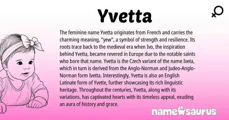 Infographic about Yvetta name meaning, Yvetta is a name from English, French, Anglo-Norman, Judeo-Anglo-Norman, Czech origin(s).