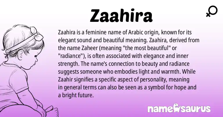 Infographic about Zaahira name meaning, Zaahira is a name from Arabic origin(s).