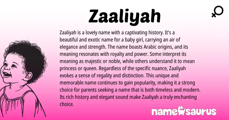 Infographic about Zaaliyah name meaning, Zaaliyah is a name from Arabic origin(s).
