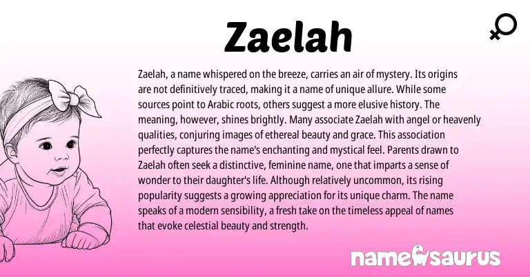 Infographic about Zaelah name meaning, Zaelah is a name from Arabic origin(s).