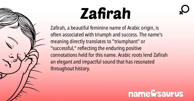 Infographic about Zafirah name meaning, Zafirah is a name from Arabic origin(s).