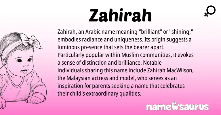 Infographic about Zahirah name meaning, Zahirah is a name from Malaysian, Arabic, Muslim origin(s).