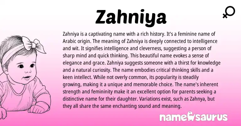 Infographic about Zahniya name meaning, Zahniya is a name from Arabic origin(s).