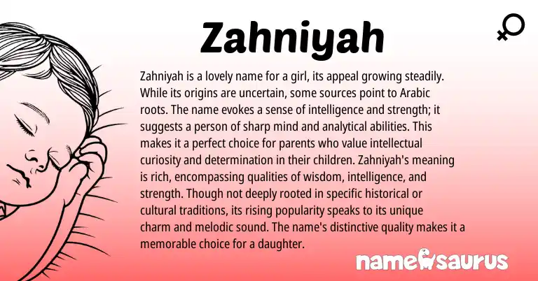 Infographic about Zahniyah name meaning, Zahniyah is a name from Arabic origin(s).