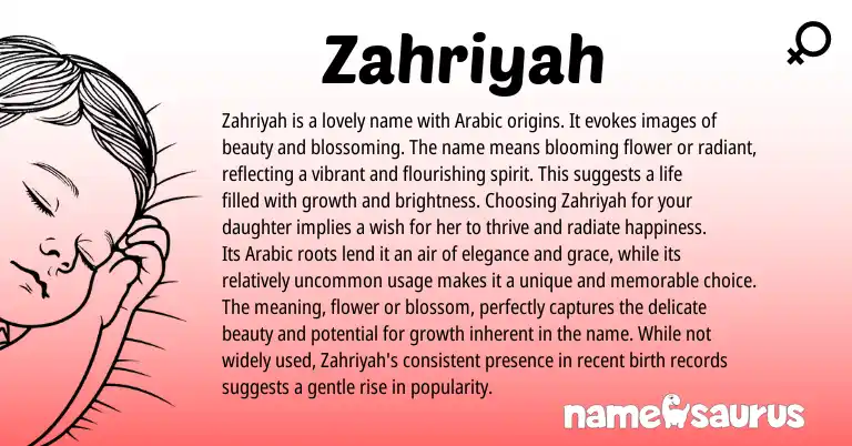 Infographic about Zahriyah name meaning, Zahriyah is a name from Arabic origin(s).