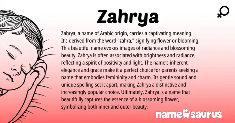 Infographic about Zahrya name meaning, Zahrya is a name from Arabic origin(s).