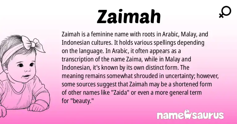 Infographic about Zaimah name meaning, Zaimah is a name from Arabic, Malay, Indonesian origin(s).