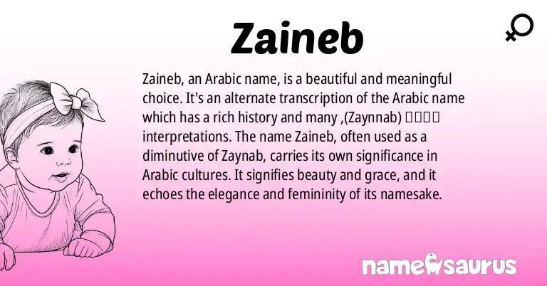 Infographic about Zaineb name meaning, Zaineb is a name from Arabic origin(s).