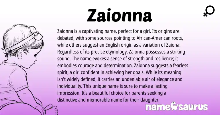 Infographic about Zaionna name meaning, Zaionna is a name from American origin(s).