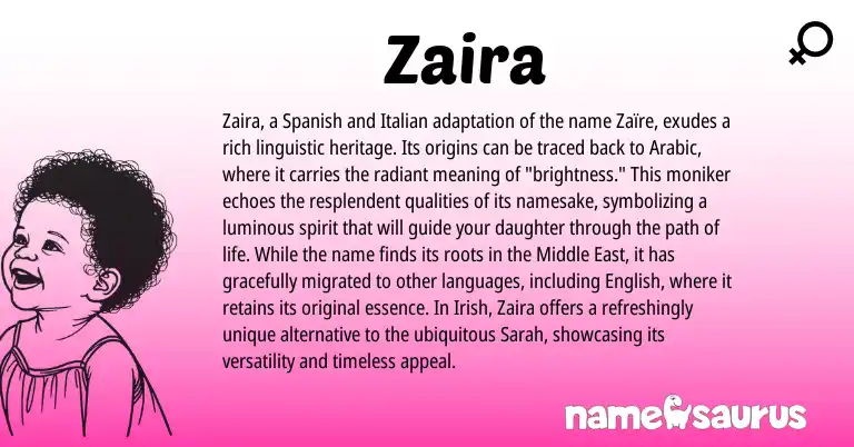 Infographic about Zaira name meaning, Zaira is a name from Irish, Spanish, English, Arabic, Middle East, Italian origin(s).