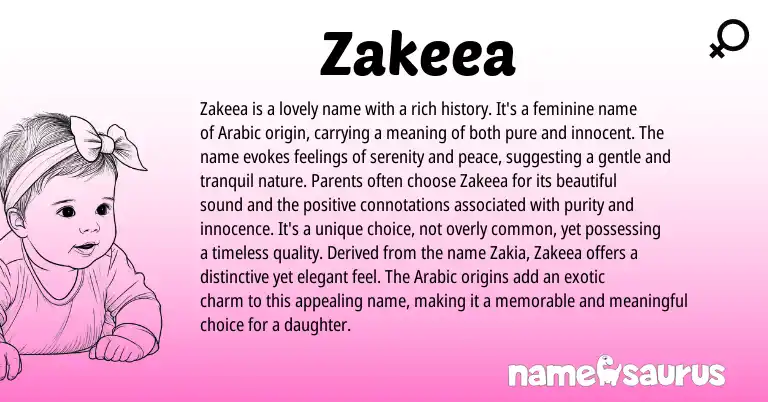 Infographic about Zakeea name meaning, Zakeea is a name from Arabic origin(s).