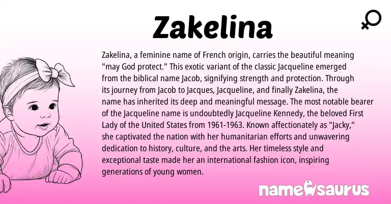 Infographic about Zakelina name meaning, Zakelina is a name from French, United States origin(s).