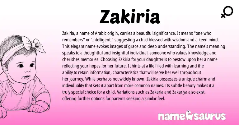 Infographic about Zakiria name meaning, Zakiria is a name from Arabic origin(s).