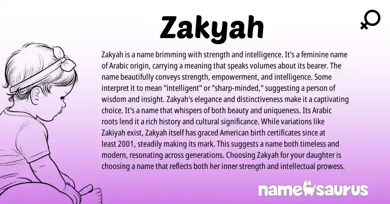 Infographic about Zakyah name meaning, Zakyah is a name from Arabic origin(s).