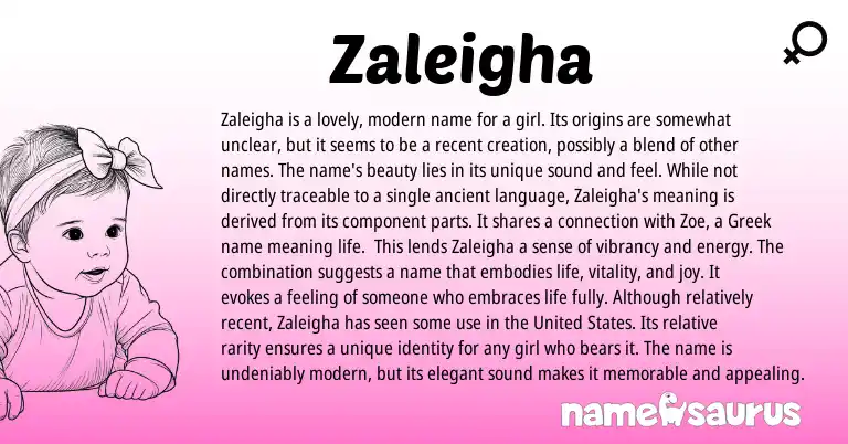 Infographic about Zaleigha name meaning, Zaleigha is a name from English, Greek origin(s).