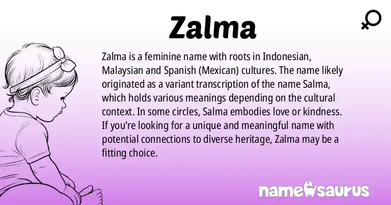Infographic about Zalma name meaning, Zalma is a name from Indonesian, Malaysian, Spanish (Mexican) origin(s).