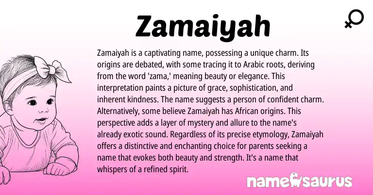 Infographic about Zamaiyah name meaning, Zamaiyah is a name from Arabic origin(s).