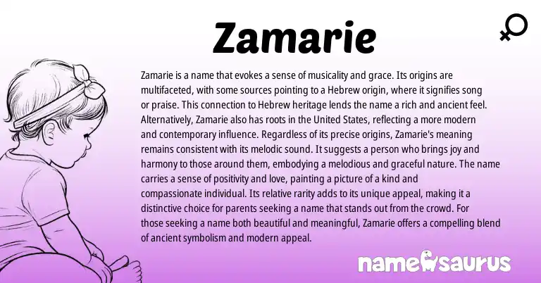 Infographic about Zamarie name meaning, Zamarie is a name from Hebrew origin(s).
