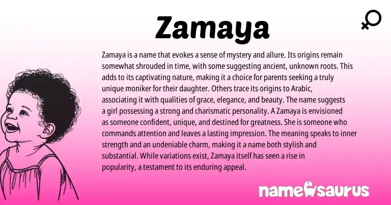 Infographic about Zamaya name meaning, Zamaya is a name from Arabic origin(s).