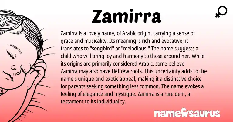 Infographic about Zamirra name meaning, Zamirra is a name from Arabic origin(s).
