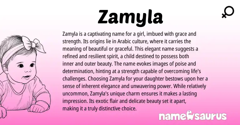 Infographic about Zamyla name meaning, Zamyla is a name from Arabic origin(s).