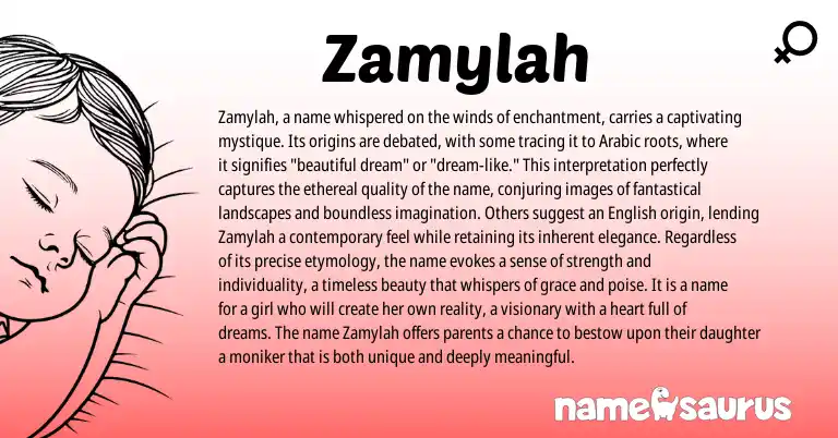 Infographic about Zamylah name meaning, Zamylah is a name from Arabic origin(s).