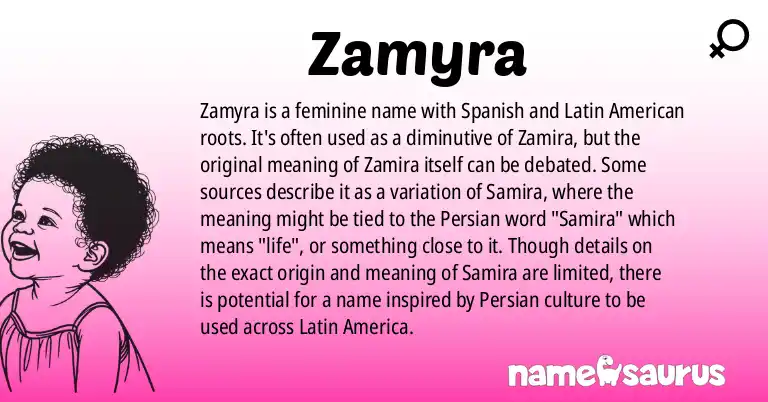 Infographic about Zamyra name meaning, Zamyra is a name from Spanish (Latin American) origin(s).