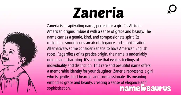 Infographic about Zaneria name meaning, Zaneria is a name from American origin(s).