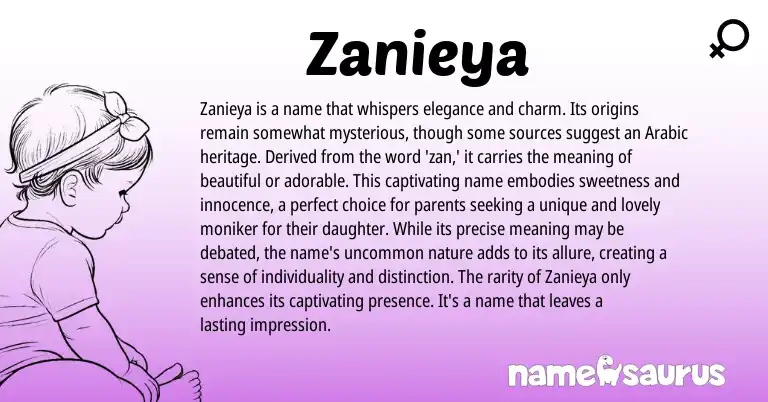 Infographic about Zanieya name meaning, Zanieya is a name from Arabic origin(s).