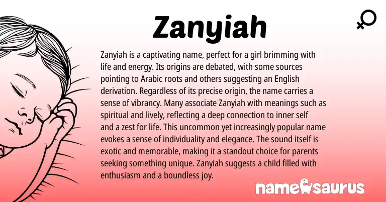 Infographic about Zanyiah name meaning, Zanyiah is a name from Arabic origin(s).