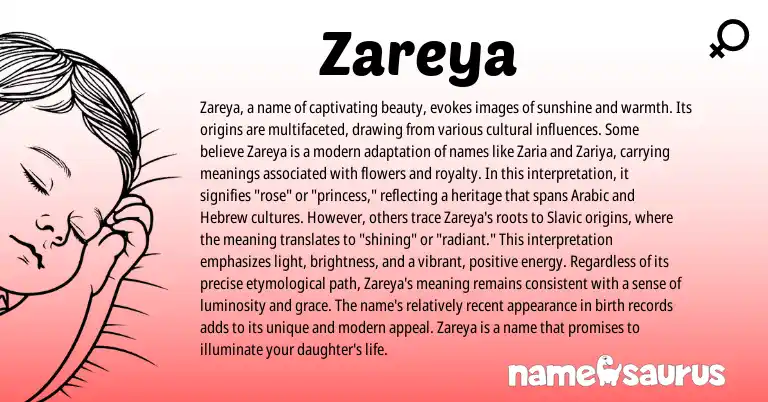 Infographic about Zareya name meaning, Zareya is a name from Persian, Slavic origin(s).