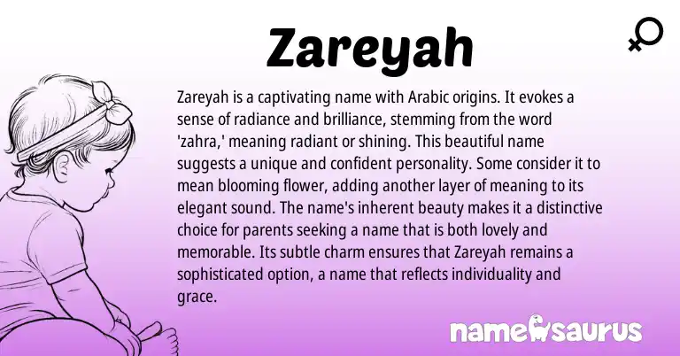 Infographic about Zareyah name meaning, Zareyah is a name from Arabic origin(s).