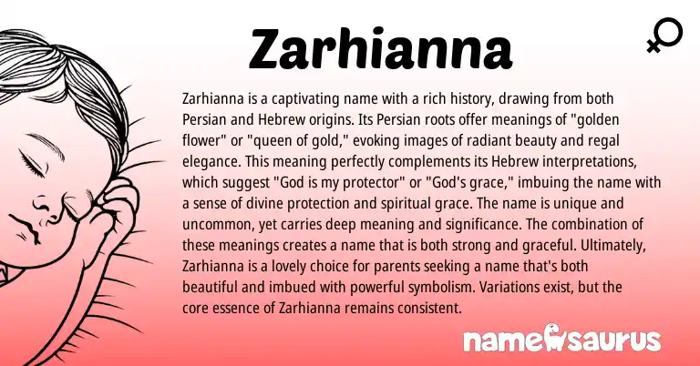 Infographic about Zarhianna name meaning, Zarhianna is a name from Persian, Hebrew origin(s).