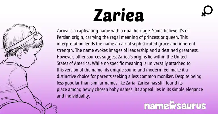 Infographic about Zariea name meaning, Zariea is a name from Persian origin(s).