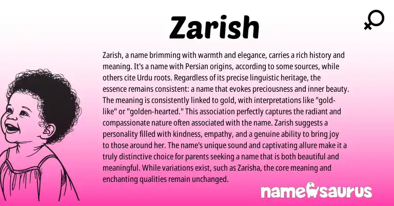 Infographic about Zarish name meaning, Zarish is a name from Persian origin(s).