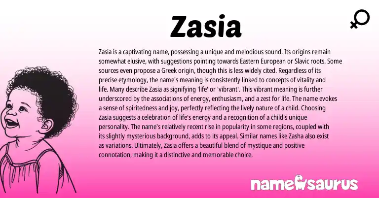 Infographic about Zasia name meaning, Zasia is a name from Greek origin(s).