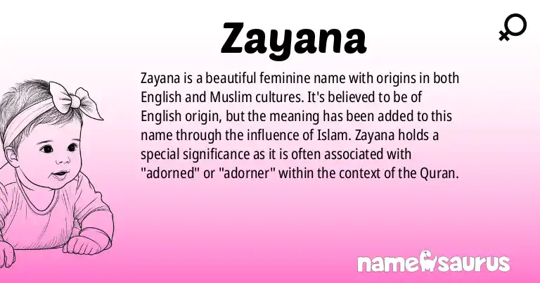 Infographic about Zayana name meaning, Zayana is a name from English, Muslim origin(s).