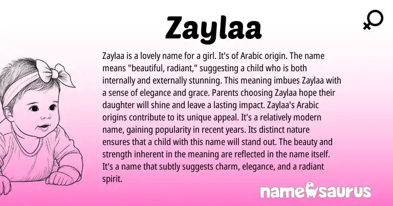 Infographic about Zaylaa name meaning, Zaylaa is a name from Arabic origin(s).