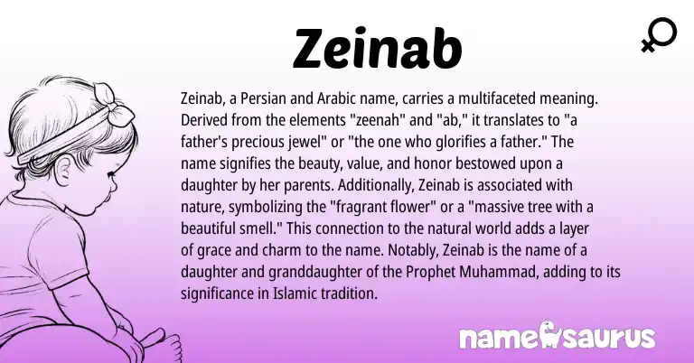 Infographic about Zeinab name meaning, Zeinab is a name from Persian, Arabic origin(s).