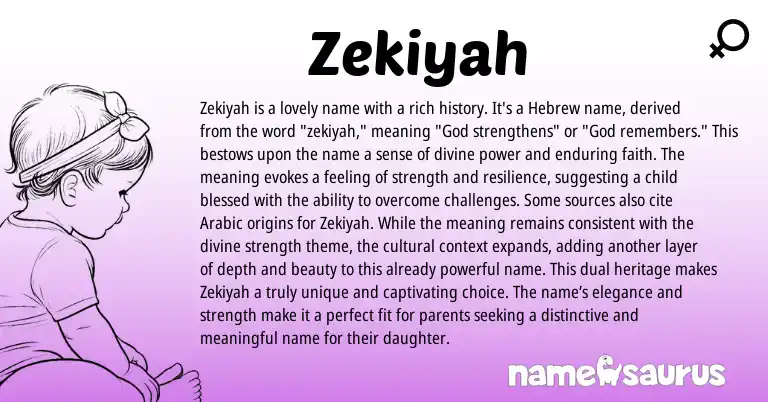 Infographic about Zekiyah name meaning, Zekiyah is a name from Hebrew origin(s).