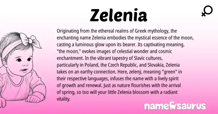 Infographic about Zelenia name meaning, Zelenia is a name from Slavic, Czech, Greek origin(s).