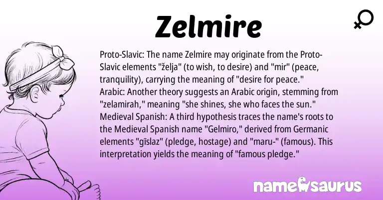 Infographic about Zelmire name meaning, Zelmire is a name from Medieval Spanish, Slavic, Germanic, Arabic origin(s).