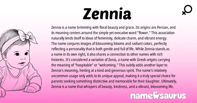 Infographic about Zennia name meaning, Zennia is a name from Latin, Persian origin(s).