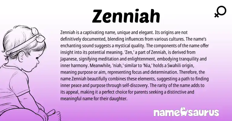 Infographic about Zenniah name meaning, Zenniah is a name from Japanese, Swahili origin(s).